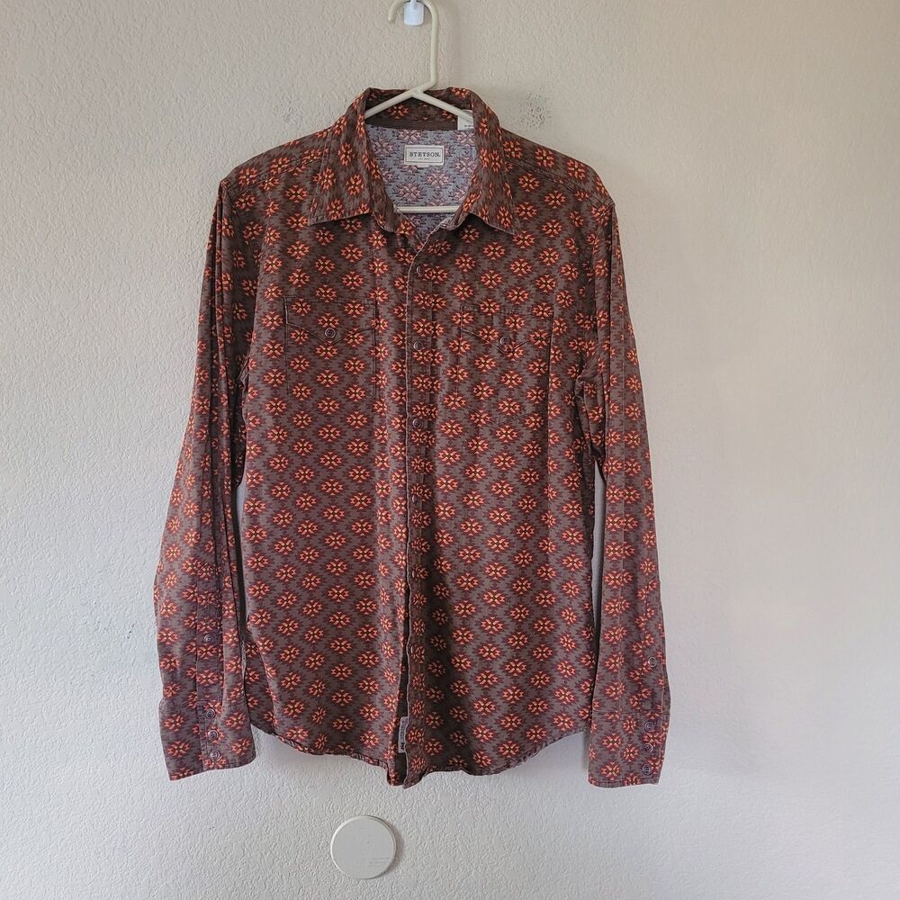 STETSON Pearl Snap Geometric Print Long Sleeve Western Brown Shirt Size Large